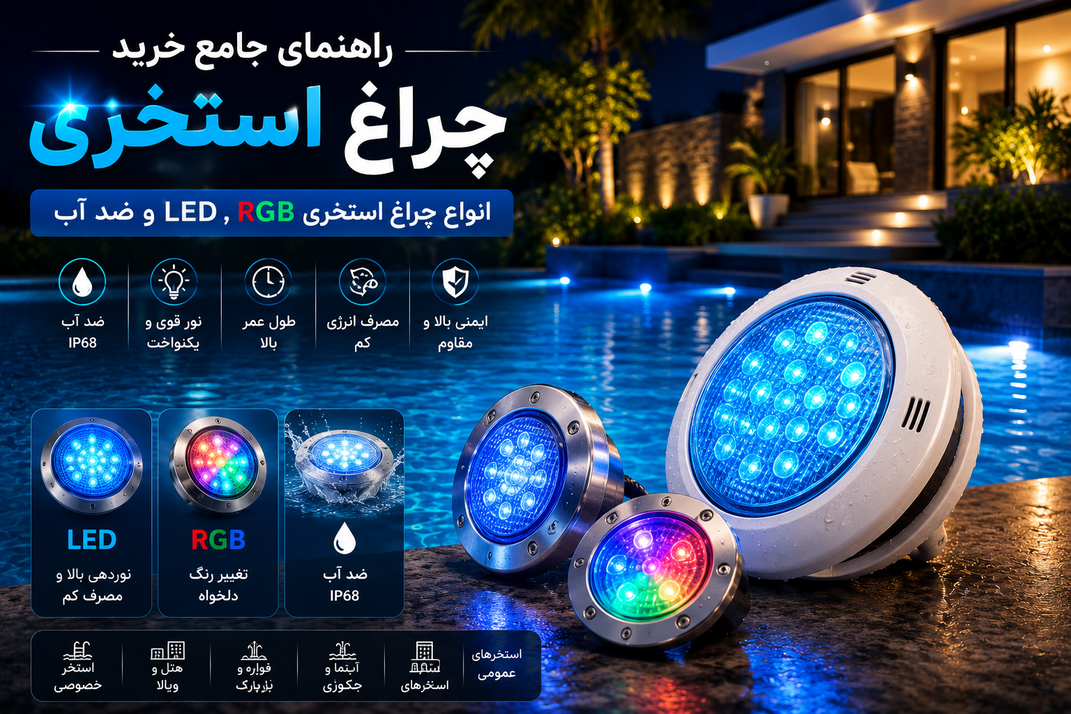 چراغ استخری LED و RGB ضد آب با استاندارد IP68 برای نورپردازی استخر، جکوزی، آبنما و فضای باز؛ معرفی انواع و راهنمای خرید