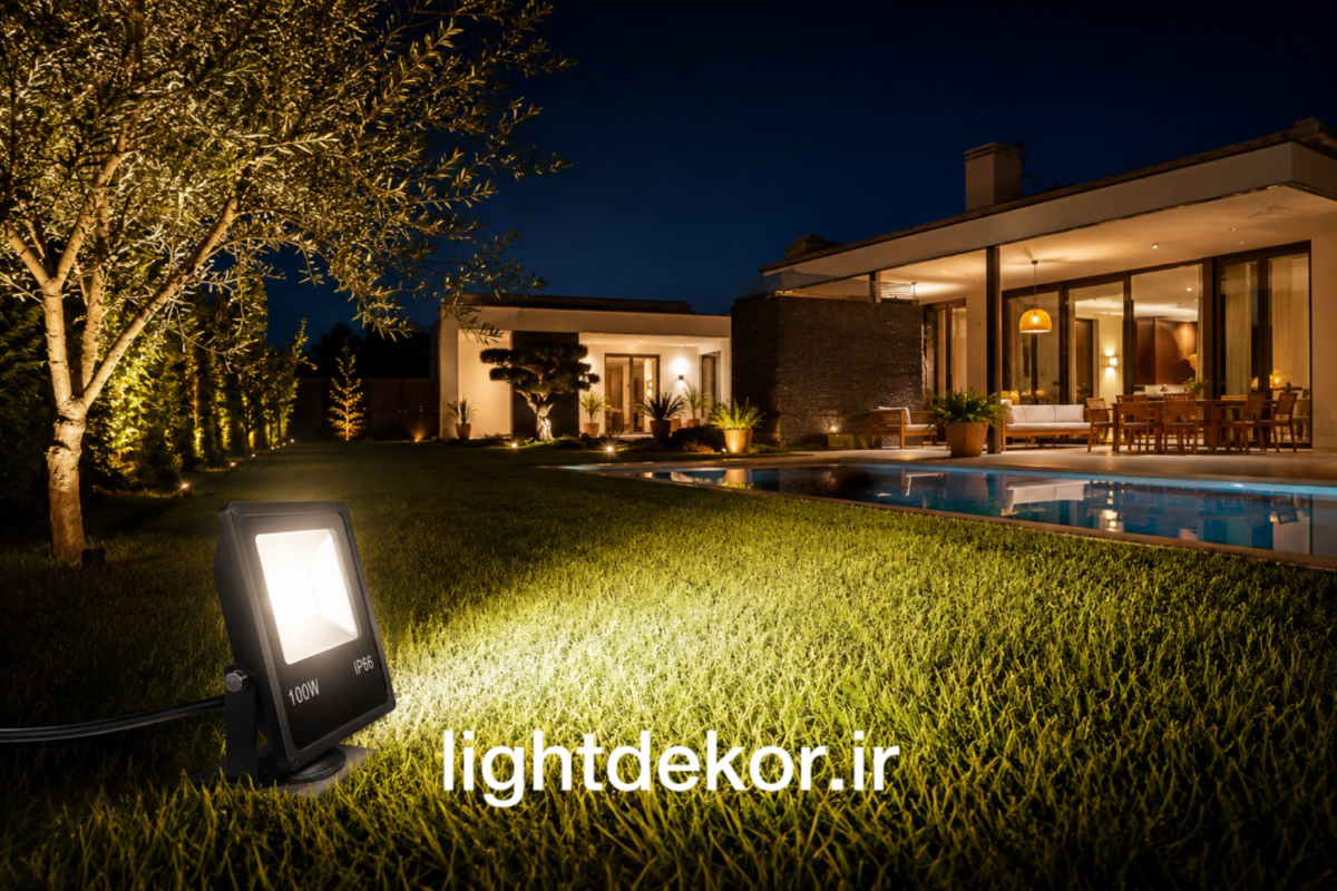 پروژکتور LED روشن در محوطه ساختمان در شب