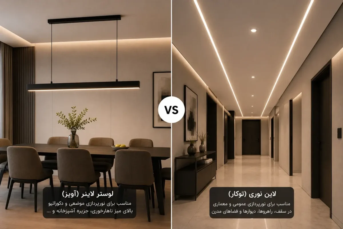 مقایسه لوستر لاینر آویز و لاین نوری توکار