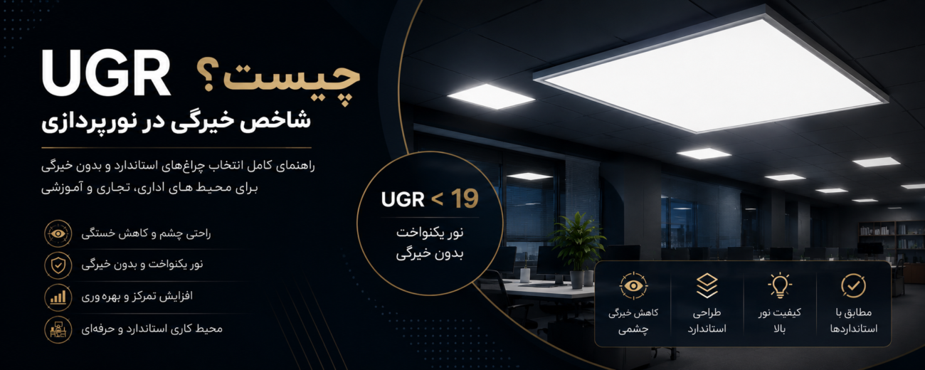 هدر مقاله UGR چیست، نمایش پنل LED سقفی در محیط اداری با نور یکنواخت و بدون خیرگی برای توضیح شاخص خیرگی در نورپردازی