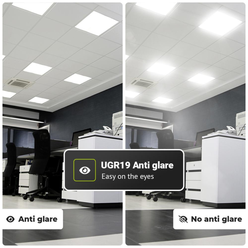 مقایسه پنل LED معمولی با پنل LED دارای UGR کمتر از 19، نمایش تفاوت خیرگی نور، وضوح دید و راحتی چشم در محیط اداری