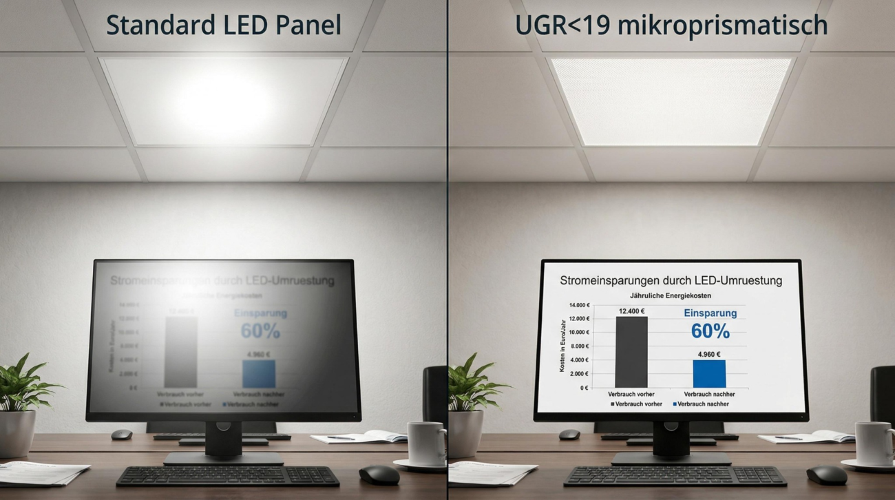 مقایسه پنل LED معمولی با پنل LED دارای UGR کمتر از 19، نمایش تفاوت خیرگی نور، وضوح دید و کیفیت نور در محیط اداری