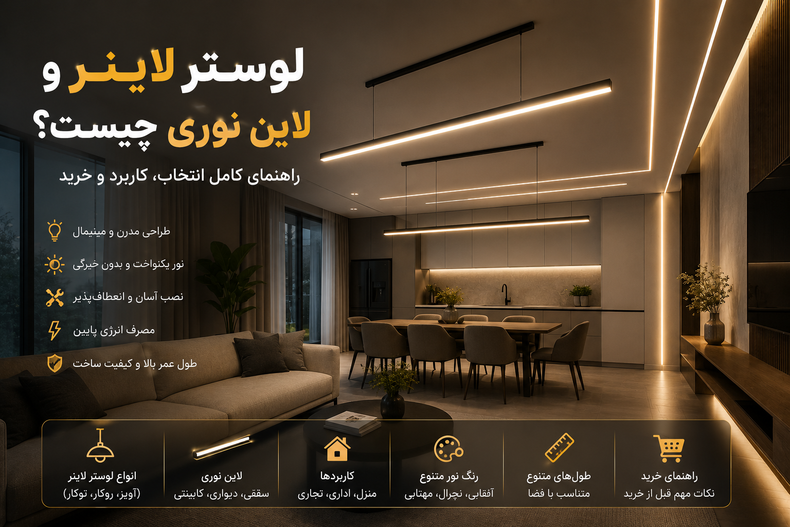 لوستر لاینر مدرن و لاین نوری LED در دکوراسیون داخلی؛ معرفی انواع، کاربردها و راهنمای خرید لاین نوری سقفی و آویز