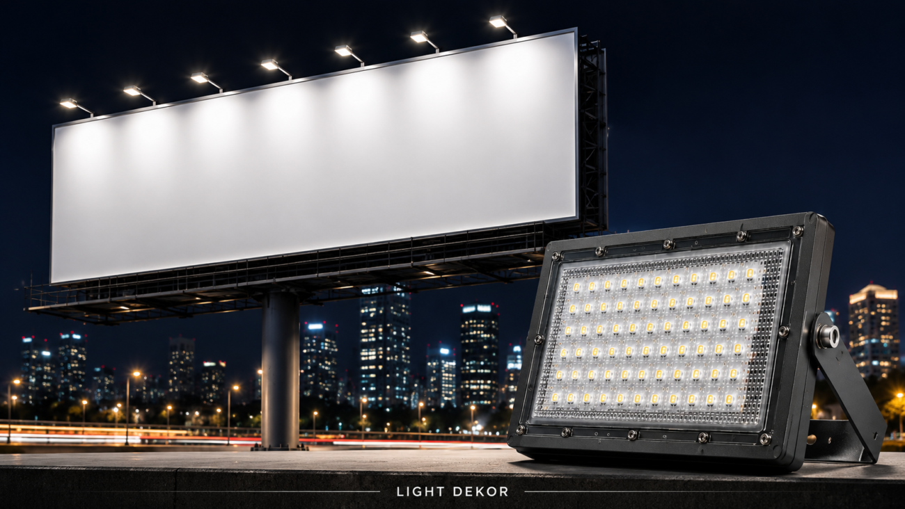 چراغ بیلبوردی LED 50 وات PARS+ در کنار بیلبورد روشن، مناسب روشنایی تابلوهای تبلیغاتی، سردر فروشگاه و نمای ساختمان با استاندارد IP65
