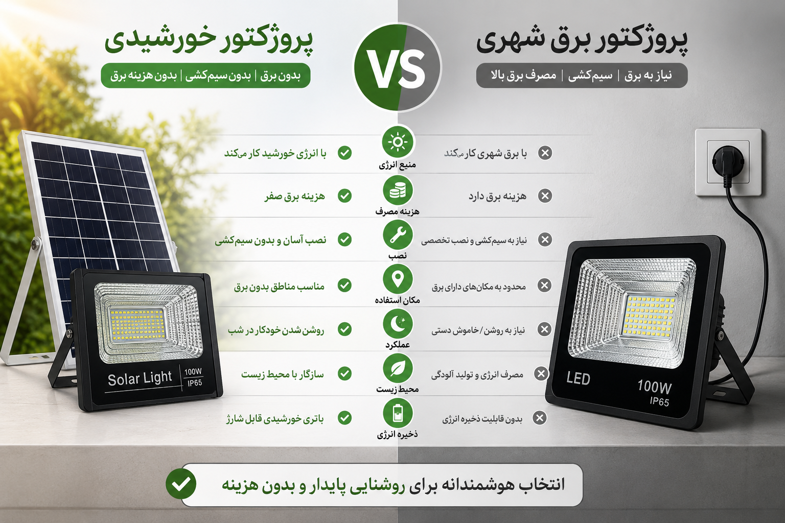 اینفوگرافیک مقایسه پروژکتور خورشیدی و پروژکتور برق شهری از نظر مصرف برق، هزینه، نصب، روشنایی، باتری، پنل خورشیدی و کاربرد